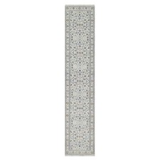 2'9" x 14' White Wool and Silk Nain Flower Design Hand Knotted Runner Rug R91011