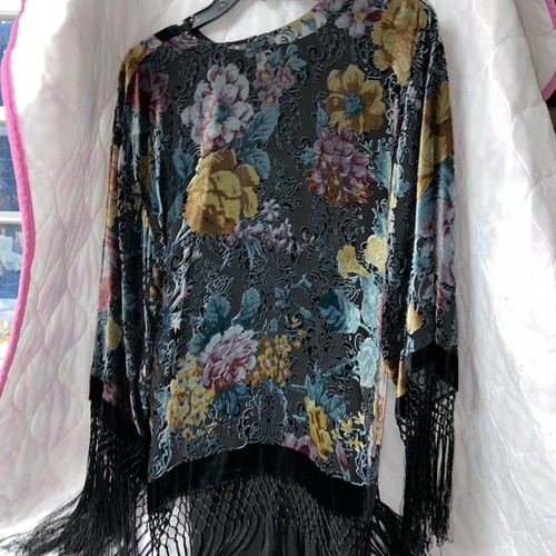 Giacca corta kimono burnout velluto Aris A misto seta rose taglia unica frange #mbc - Foto 9 di 15