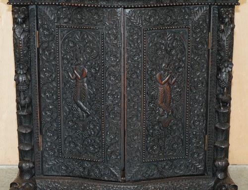 ANTIQUE CIRCA 1860 ORNATELY HAND CARVED BURMESE TEMPLE DRESSER SIDEBOARD CABINET - Picture 15 of 24