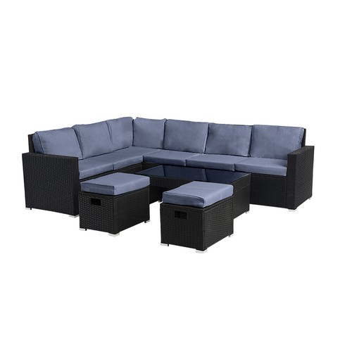 8 Seater Rattan Garden Furniture Set Outdoor Corner Sofa Table Stool w/ Cover - Picture 3 of 37