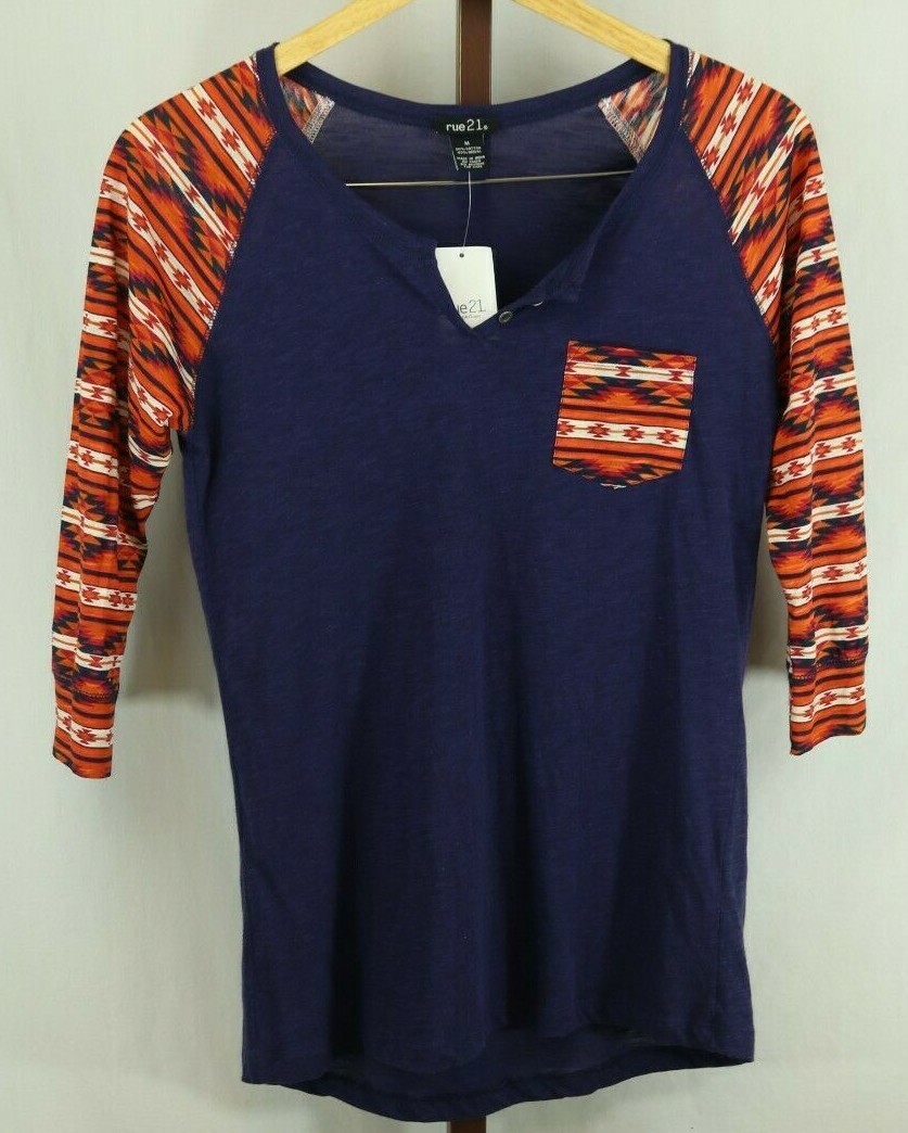 Rue 21 Juniors Teen Navy Multi Color 3/4 Sleeve T-Shirt Top Size