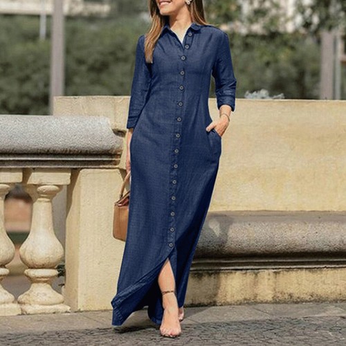 Damen Maxikleid Arbeitstunika ^` Für Langärmliges Button-Down-Hemdkleid 〒 - Picture 7 of 15