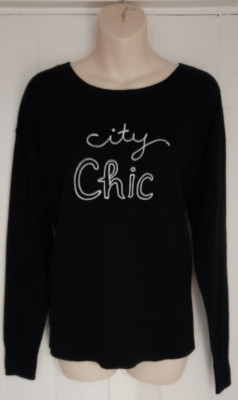GAP Gr. L schwarzer Feinstrickpullover mit weißer Schrift - 'City Chic' Langarm Arm