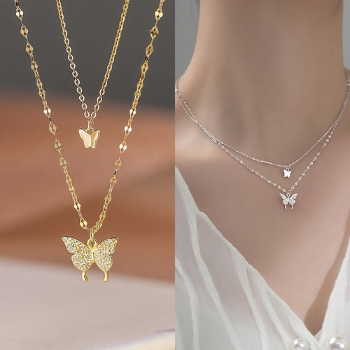 Collar gargantilla con dije de mariposa de doble capa para mujer joyería fina