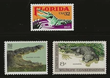 ALLIGATOR & CROCODILE - SET OF 3 U.S. POSTAGE STAMPS - FLORIDA - MINT CONDITION