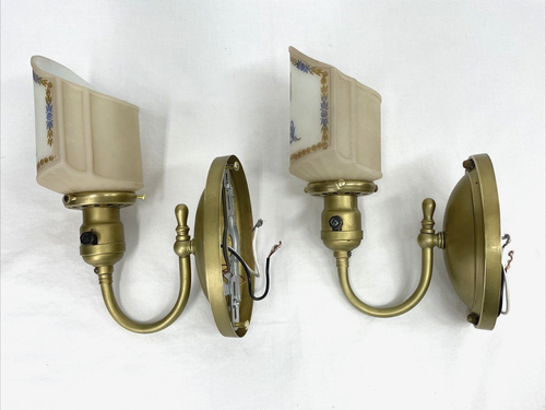 REWIRED Pair Antique Vtg Art Deco Glass Wall Sconces Hollywood Regency Gold Blue - Picture 19 of 24