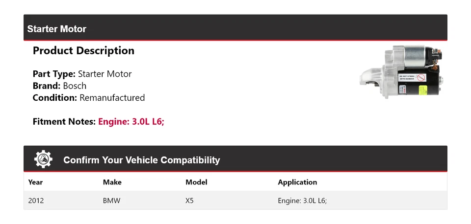 Arranque Bosch BMW X5 2012 3,0 L L6 (remanufacturado) Foto 2 de 4