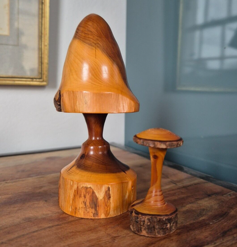 Vintage Handcrafted Wood Mushroom Duo - Folk Art Retro - Picture 4 of 10