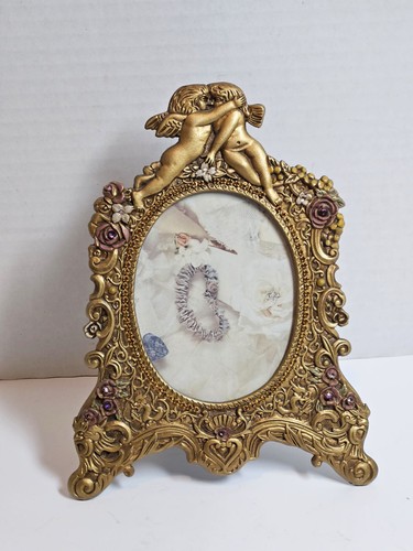 Victorian Style  PETI  CADEAU Ornate Picture Frame CHERUBs Crystals Hand Painted - Picture 2 of 9