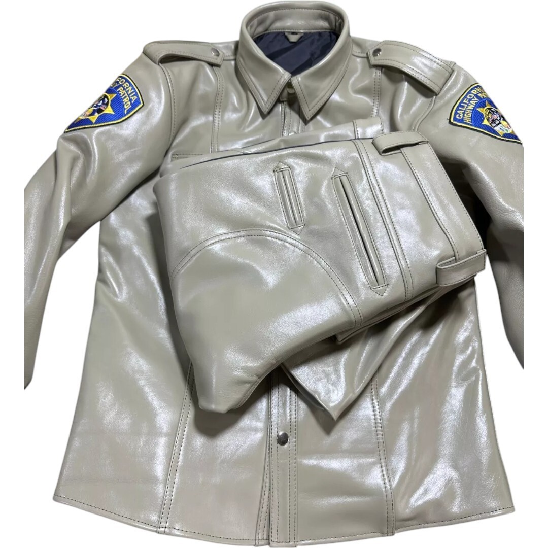 Men's Real Cow Leather Highway Police style Uniform Jeans Shirt