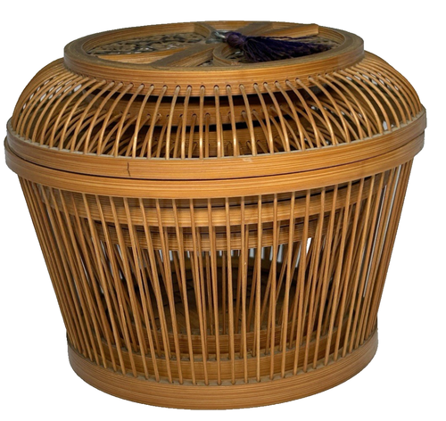 Vintage Asian Bamboo Woven Rayan Wicker Cricket Cage 3 Baskets Handwoven Tassels - Picture 20 of 24