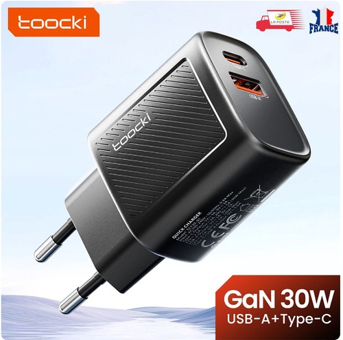 Charge Rapide Type C + USB 30W GaN PD 3.0+QC 3.0 Toocki pour iPhone Xiaomi - Zdjęcie 1 z 8