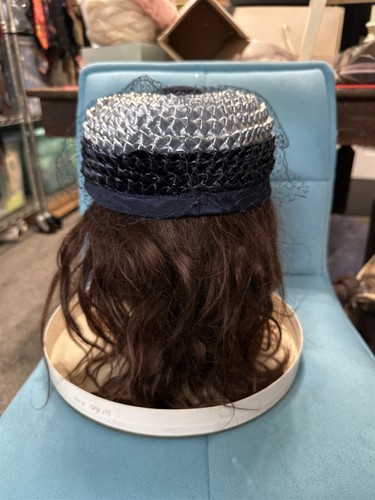 Sombrero de paja vintage azul tejido rafia para mujer con red - Imagen 5 de 8