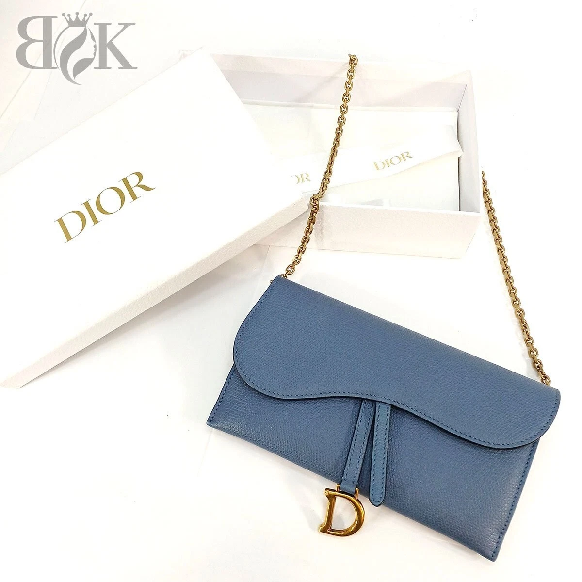 Christian Dior Sac à Bandoulière Chaîne Selle Long Portefeuille Pochette Bleu Or