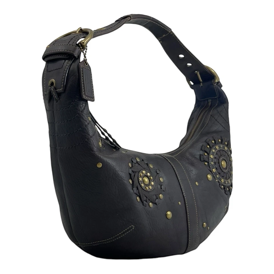 Bolso Hobo Bolso de Mano Vintage Años 00 COACH Mia 10063 Cuero Tachonado RARO MARRÓN Foto 4 de 4