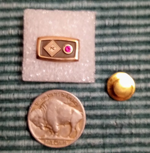 Antique Gold Filled Tie Tack Pin w/ Sparkling Ruby TerryBerry Co. Initials "PC" - Picture 3 of 11