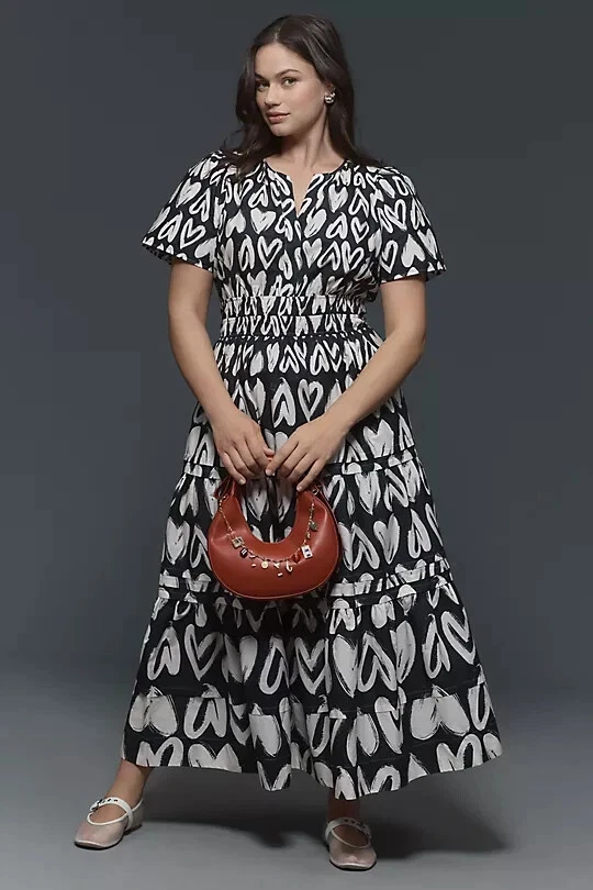 VALENTINO Anthropologie The Somerset Maxi Abito Cotone Stampa Cuori a Livelli Nero S Nuovo con etichette