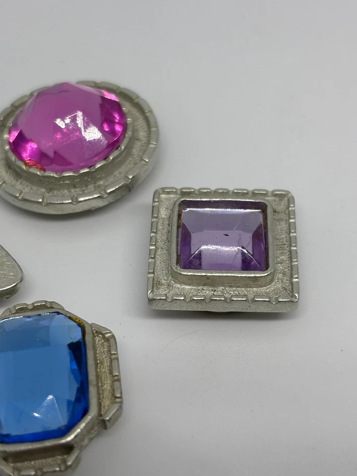 Antique Art Deco Jumbo Gemstone Purple Pink Blue Yellow Silver Tone Button Cover - Image 4 of 4