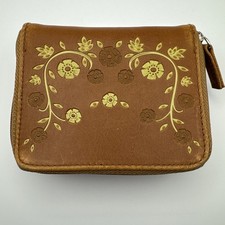 Women  s Tan Faux Leather Embossed Flower Zip Around Wallet and Card Holder