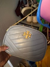 Tory Burch Kira Chevron SM Camera Bag Quilted Cloud Blue Rolled Brass Gold