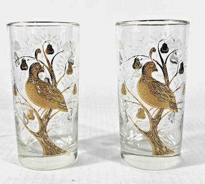 Set 2 Vintage Libbey Partridge Pear Tree White Gold Embossed Highball Glasses