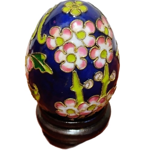 2 uova floreali smaltate dipinte a mano cloisonné vintage con supporti in legno asiatiche rare - Foto 3 di 17