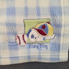 Baby Connection Blue White Plaid Fleece Baby Blanket Baseball Dog PRE-LOVED