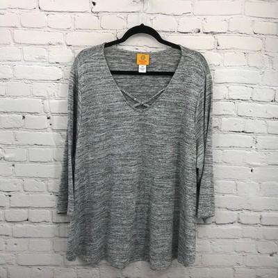 Ruby Rd Top Womens 3X Gray V-Neck 3/4 Sleeve Stretch Blouse Casual