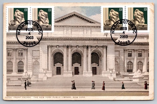 #3447 NY Public Library Lion Statue FDC Maxi Card On Vintage PC - Picture 1 of 2