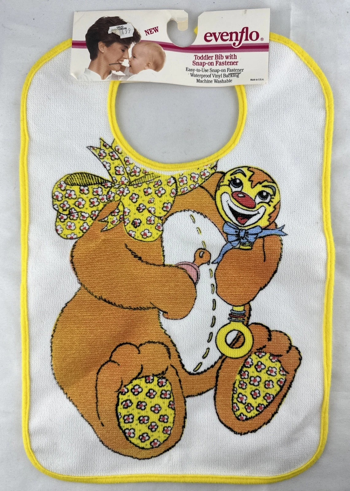 Rare New Vintage Evenflo Toddler Bib Snap On Vinyl Back USA Bear Clown NOS 1989