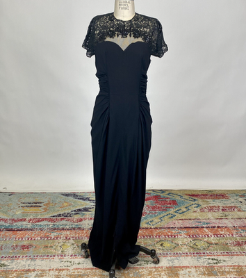 Antique Vintage 1930s Black Rayon Beaded Dress Lace Bodice Rouched