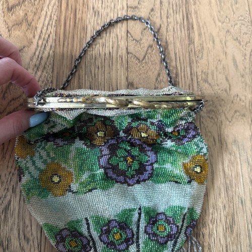 Antique Glass Iridescent Micro Beaded Floral Purse with Fringe & Heron Clasp - Picture 11 of 18