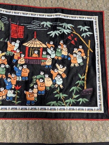 Vintage Chinese Hand Embroidered Black Silk Panel 100 Happy Children Playing EUC - Picture 5 of 10