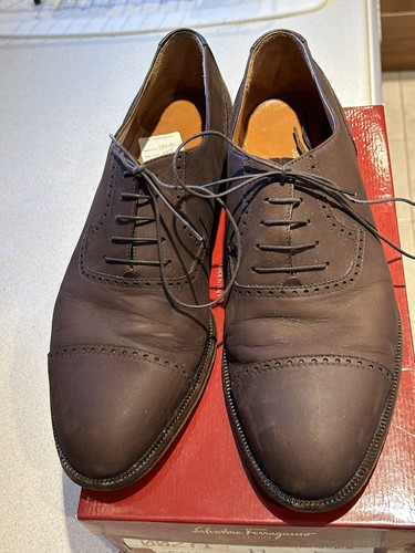 Boxed Salvatore Ferragamo Mens Dark Brown Soft Nubuck Leather Brogue Shoes UK 10 - Photo 7/22
