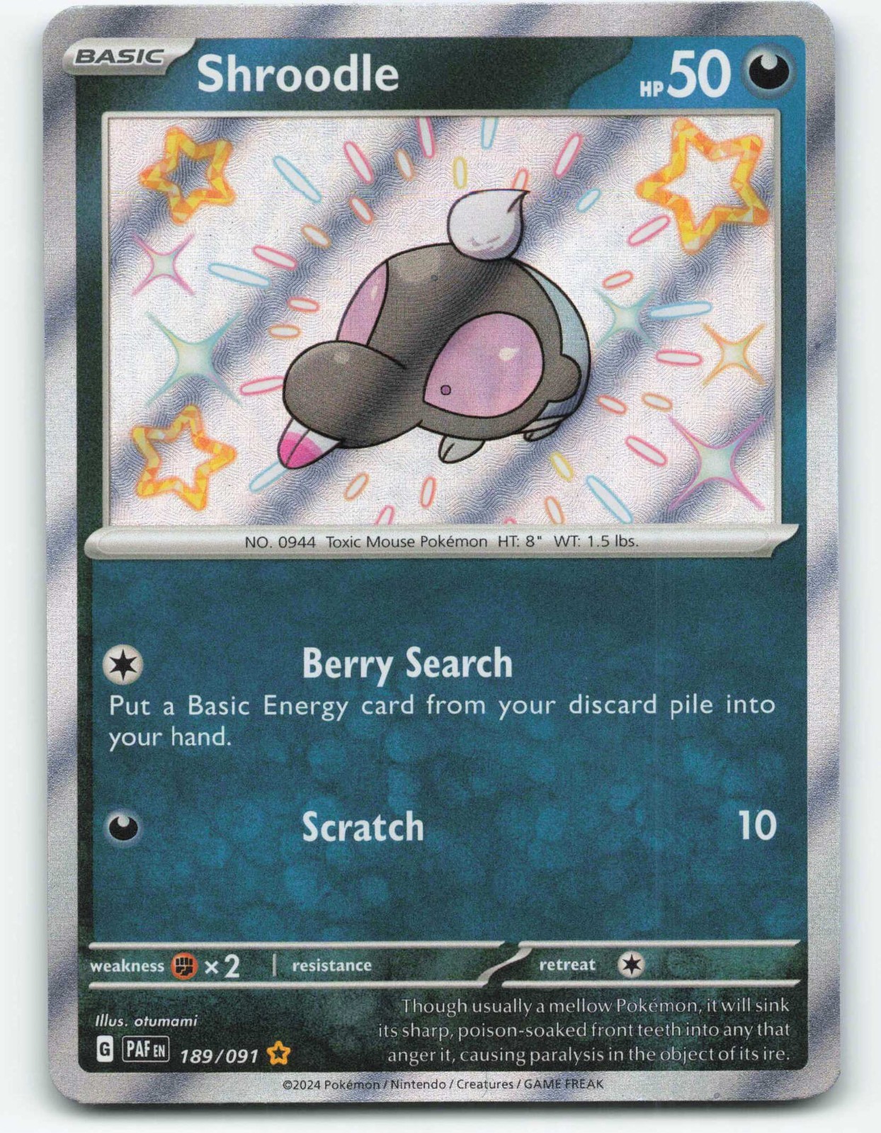 Pokemon Shroodle 189/091 Paldean Fates Shiny Rare NM Condition