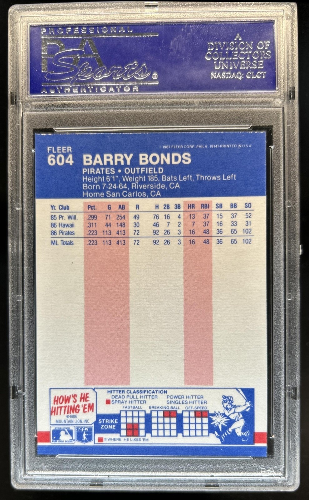 1987 Fleer Barry Bonds Rookie RC #604 Pirates PSA 9 view 2