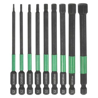 9pcs H1.5-H10(1.5mm-10mm) Flat Hex Screwdriver Bit Set 1/4'' Shank 100mm Long
