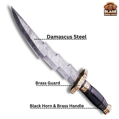 Custom Handmade Damascus Steel Hunting Knife, Black Horn and Brass Handle, Uniqu - Picture 4 of 10