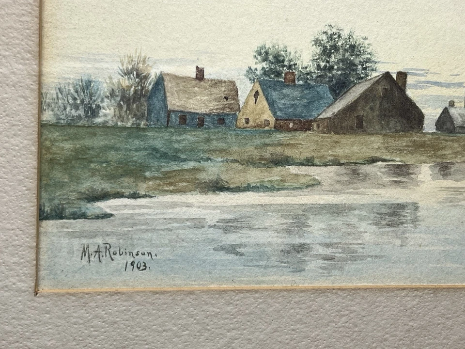 Antiguo 1903 firmado M.A. Pintura en acuarela Robinson New England Coastal Town Foto 4 de 4