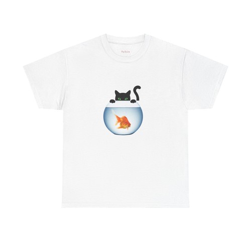 Linda camiseta unisex de algodón pesado para gatos y peces dorados, regalo para amantes de los gatos, animal - Imagen 3 de 7