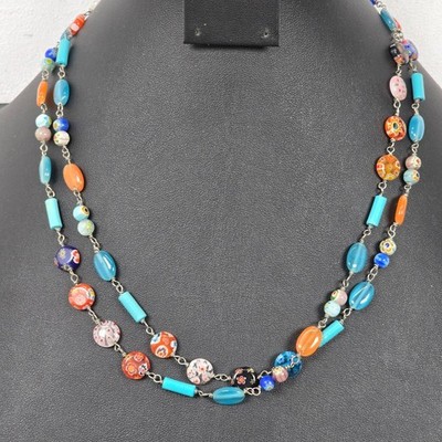 Lovely Cookie Lee Millefiori Glass Style Floral Beaded Statement Necklace 40''