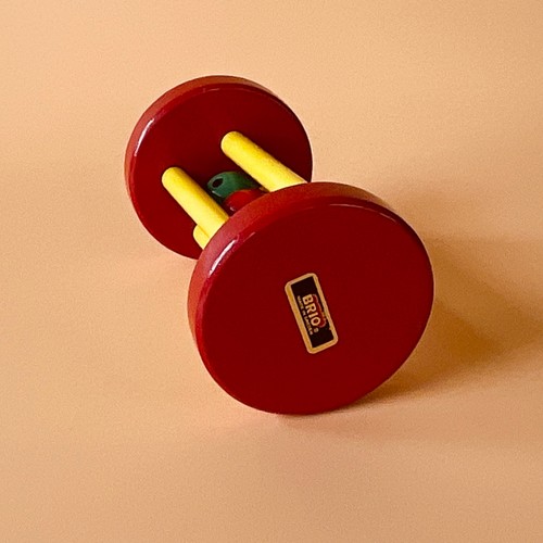 Vintage BRIO Wooden Baby Rattle Roller Toy Sweden Primary 4" tall - Picture 3 of 4
