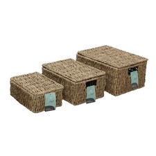 JVL Set of 3 Natural Seagrass Storage Baskets with Lids Brown