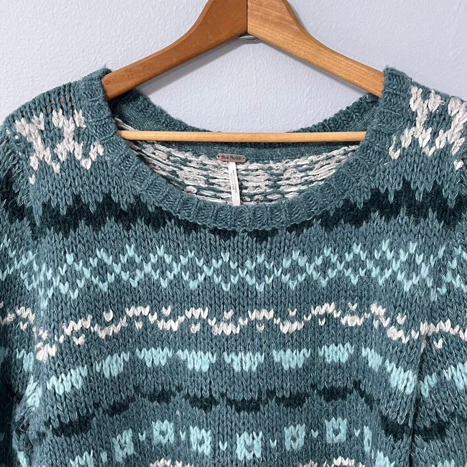 Free People Sweater Women Large Teal Fair Isle Pullover Knit Long Sleeve - Image 4 of 4