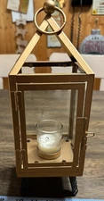 old Metal & Glass Candle Lantern w/ Feet and Hanging Ring – Home Décor