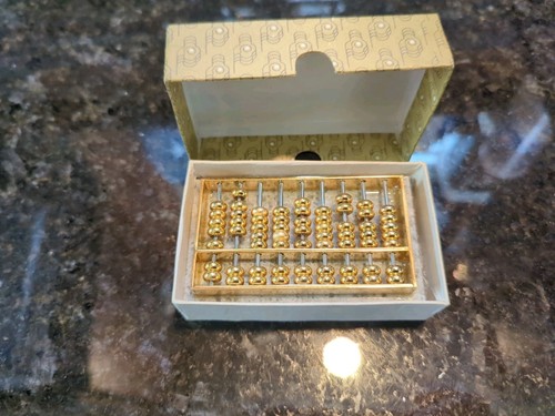 Miniature Brass Abacus Metal Pocket Office Desk Paperweight Vintage In Box - Picture 4 of 4