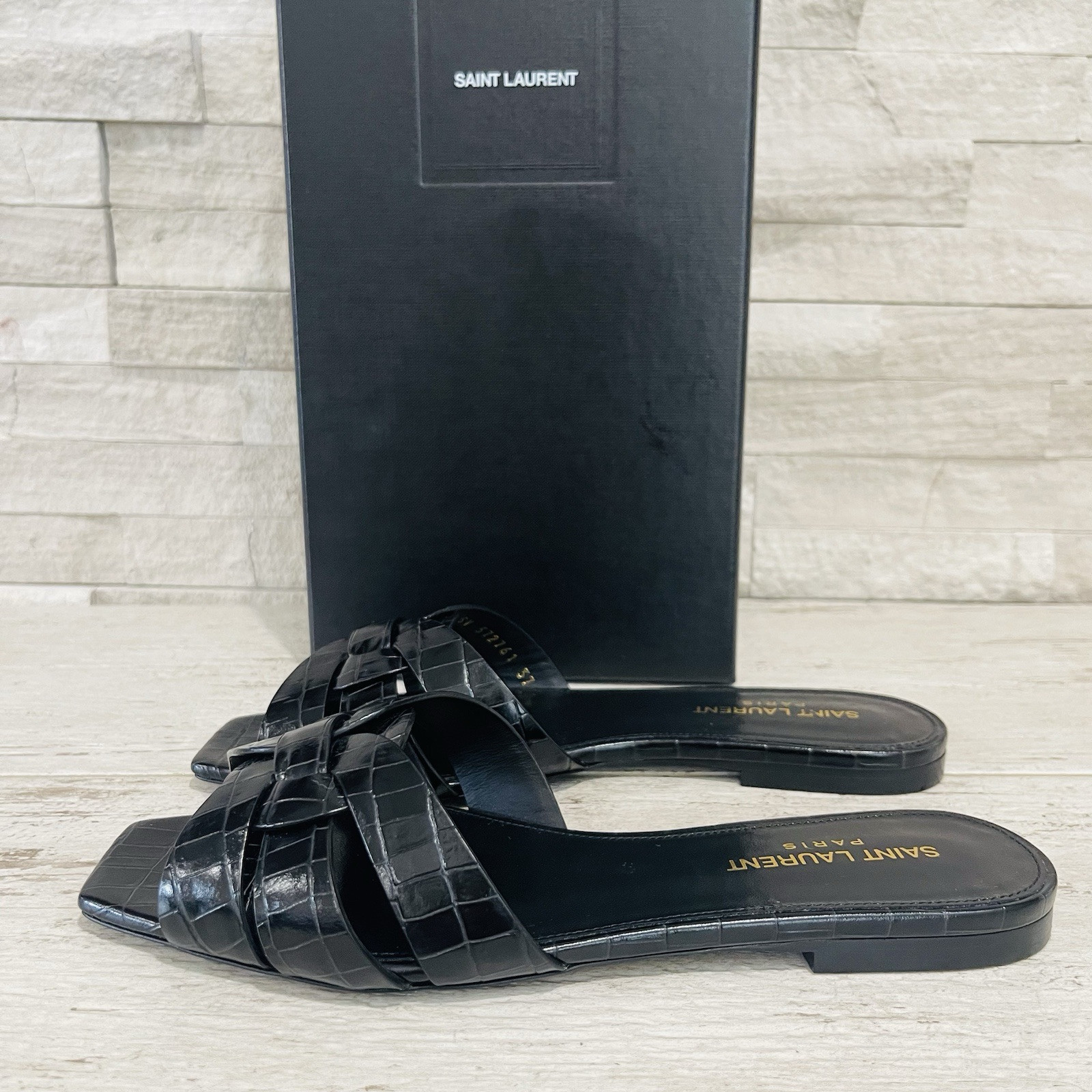 SANDALI SLIDES SAINT LAURENT YSL TRIBUTE NU PIEDS neri croc goffrati taglia 37