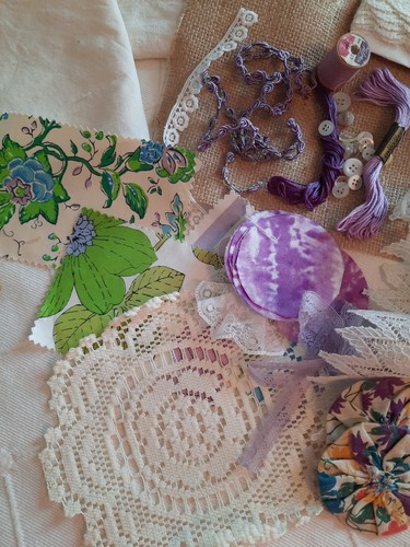 Slow Stitch Kit Purple Lavender Vintage Linen Pack Embroidery Lace Floss Craft - Picture 9 of 14