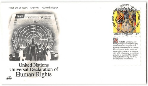 Vereinte Nationen - Wien #124 FDC, 1991, Briefmarke mit Etikett, Menschenrechte, Kunsthandwerk