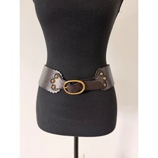 Dark Brown Embossed Leather Wide Waist Belt Scalloped Floral Butterfly